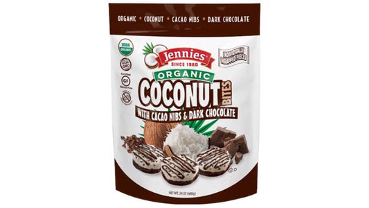 Jennies - Organic Coconut Bites with Cacao Nibs and Dark Chocolate, 5.25 Oz | Pack of 6