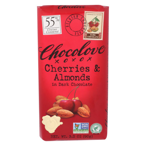 CHOCOLOVE - Dark Chocolate Bar Cherry & Almond 3.2OZ ( Pack of 12)