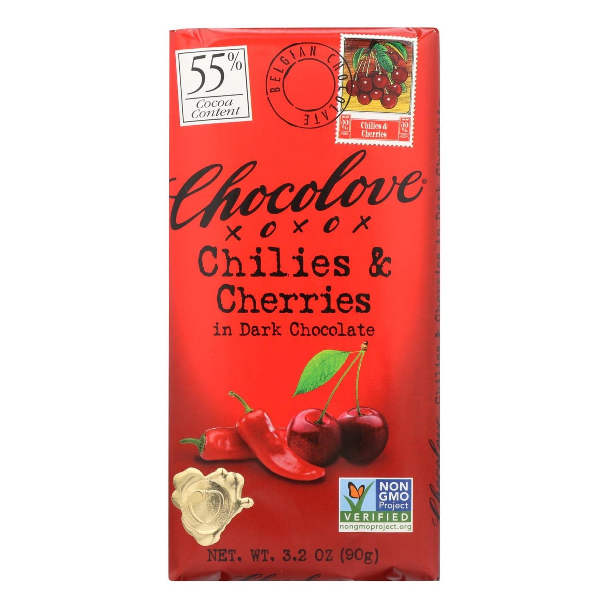 Chocolove Chocolate Dark Chilies & Cherry Bar, 3.2 oz
 | Pack of 12 - PlantX US