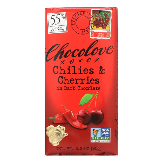 Chocolove Chocolate Dark Chilies & Cherry Bar, 3.2 oz
 | Pack of 12 - PlantX US