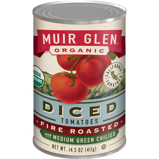 MUIR GLEN - Organic Diced Tomatoes Fire Roasted with Medium Green Chilies 14.5OZ ( Pack of 12)