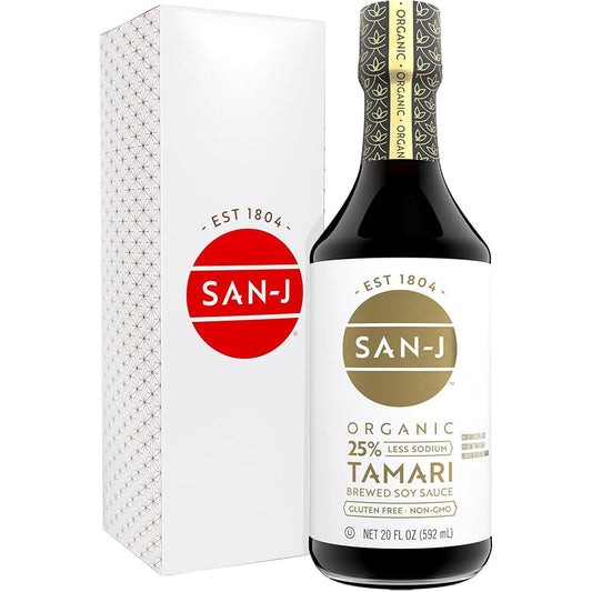 SAN J - Soy Sauce Tamari Gluten-Free Less Sodium Plain 20OZ ( Pack of 6)