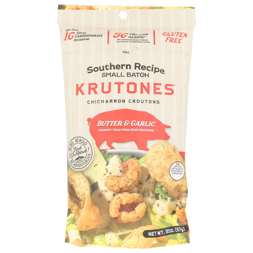 SOUTHERN RECIPE SMALL BATCH - Butter & Garlic Pork Krutones Chicharron Croutons 2OZ ( Pack of 6)