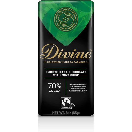 DIVINE CHOCOLAT - Chocolate Bar Dark with Mint Crisp 3OZ ( Pack of 12)