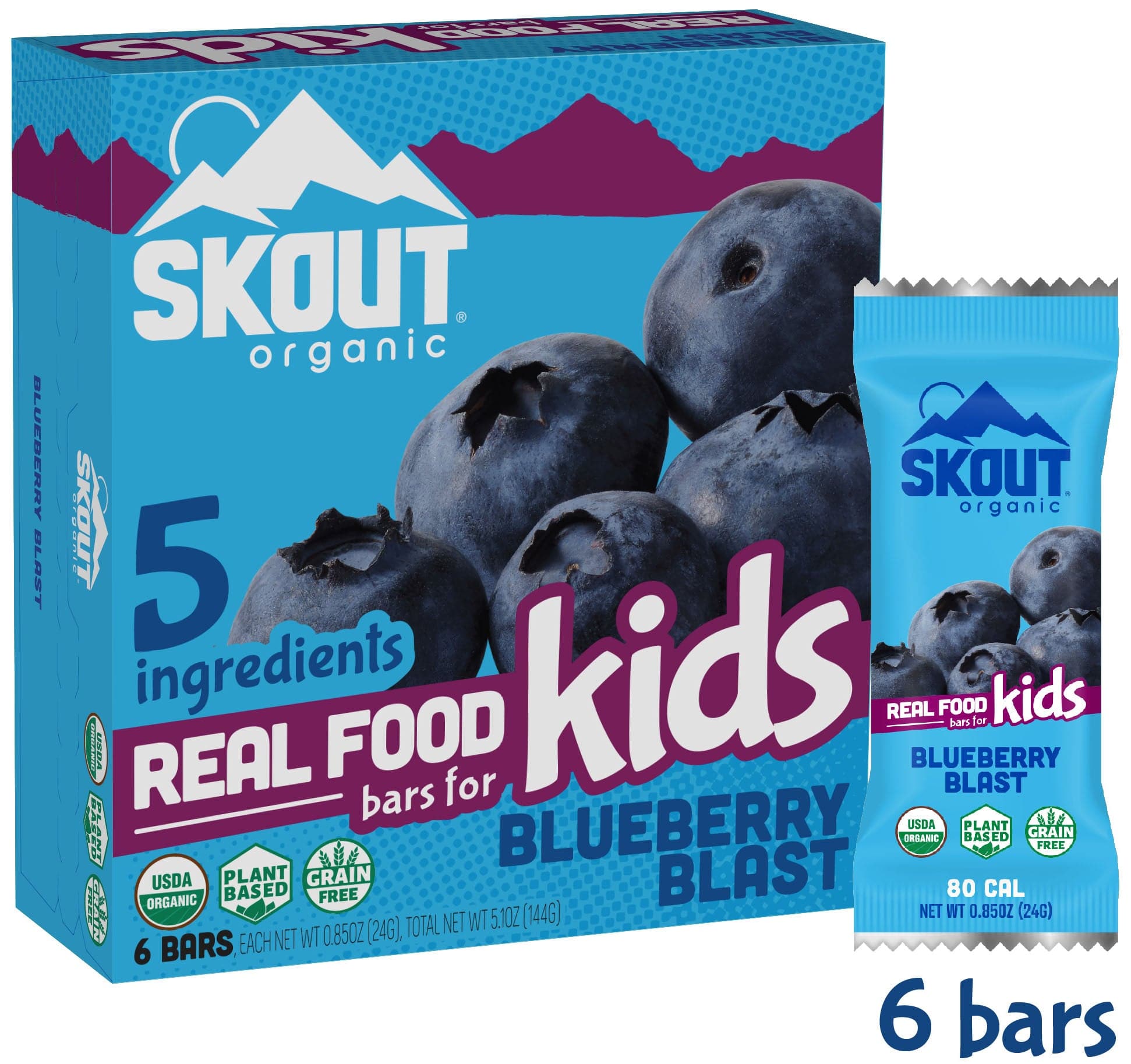 Skout Organic Kids Bars, Blueberry Blast, 6 Bars, 0.85oz Each

 | Pack of 6 - PlantX US