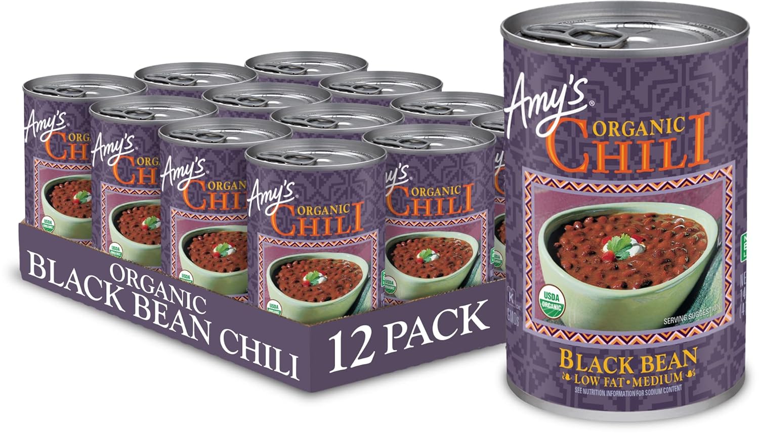 Amy's - Black Bean Low Fat Medium Chili, 14.7oz Pack of 12