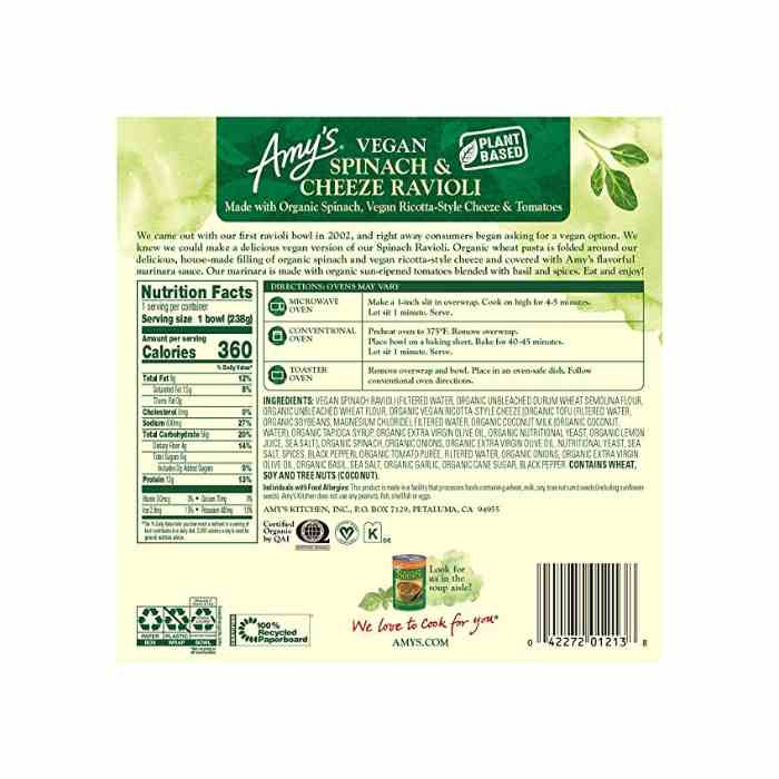 Amy's - Organic Spinach and Vegan Ricotta Ravioli Bowl, 8.4oz - Back