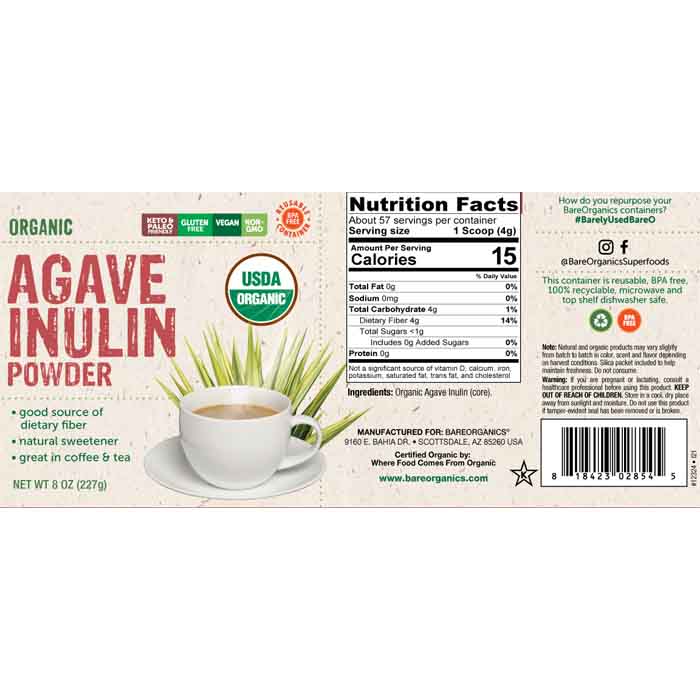 BareOrganics - Agave Inulin Powder, 8oz - back