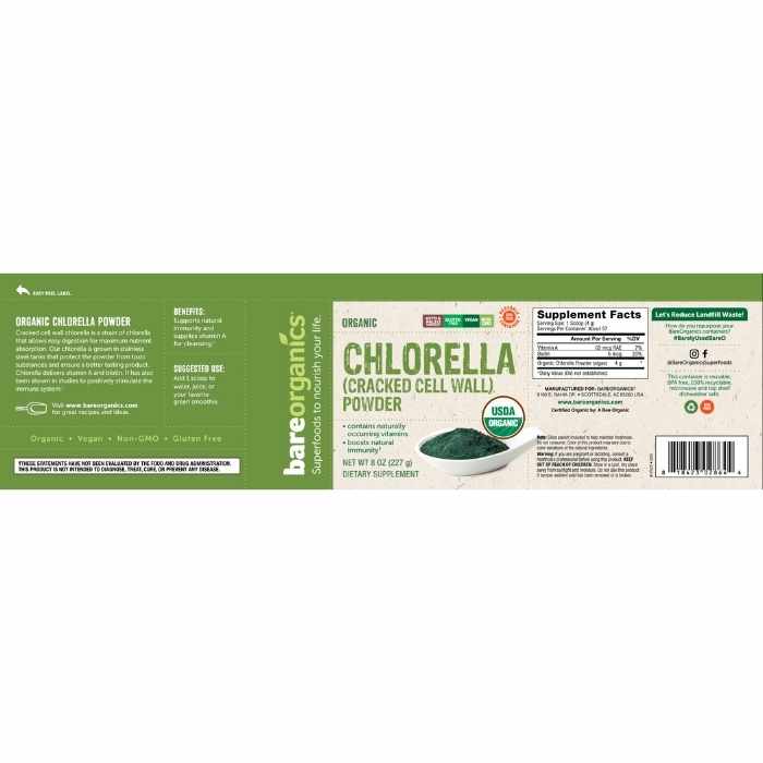 BareOrganics - Chlorella Powder - Cracked Cell, Raw, 8oz - back