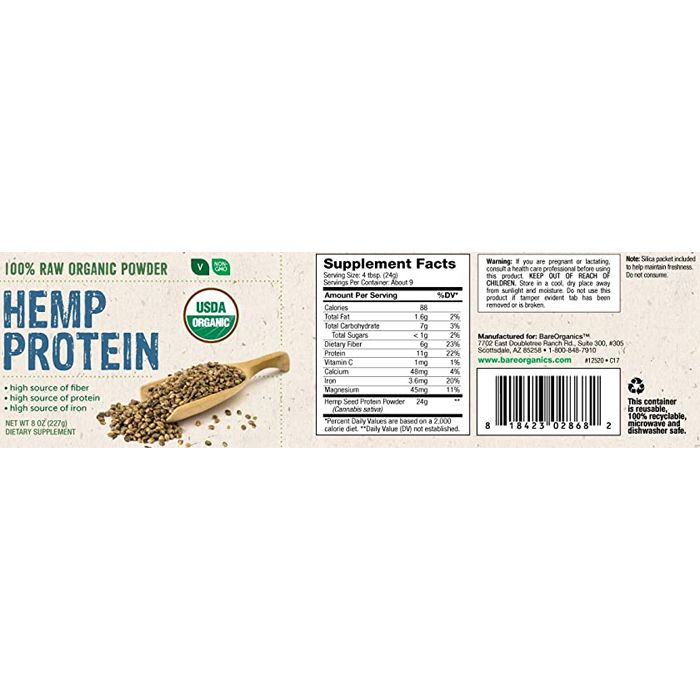 BareOrganics - Hemp Seed Protein Powder, 8oz - back