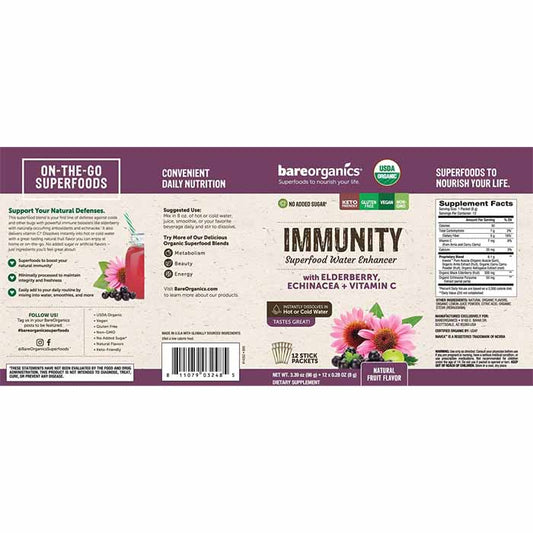 BareOrganics - Organic Superfood Water Enhancer Immunity Blend Fruit, 12 Packets - back