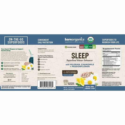 BareOrganics - Organic Superfood Water Enhancer Sleep Blend Berry Lemonade, 12 Packets - back