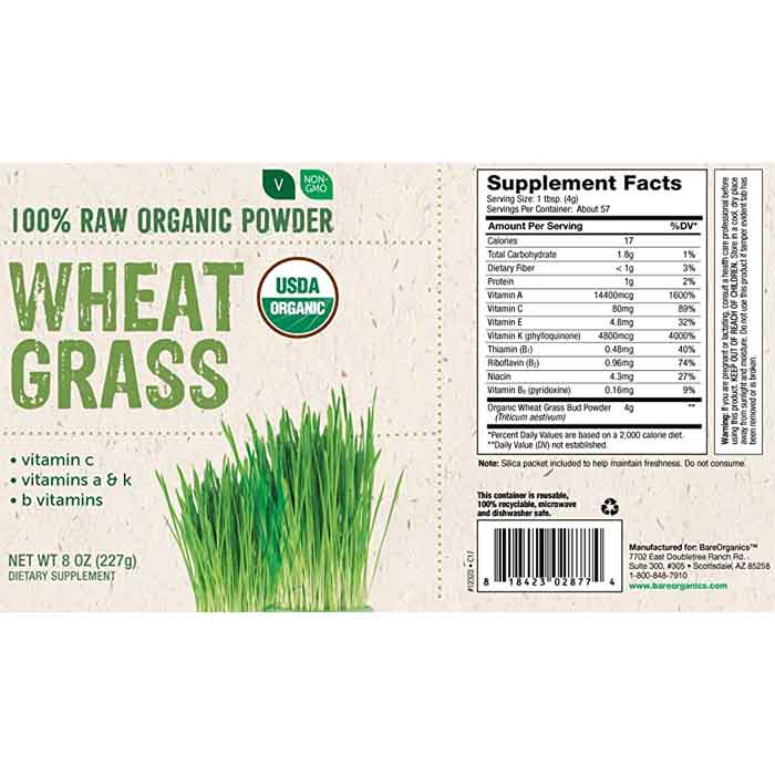 BareOrganics - Wheat Grass Powder, 8oz - back