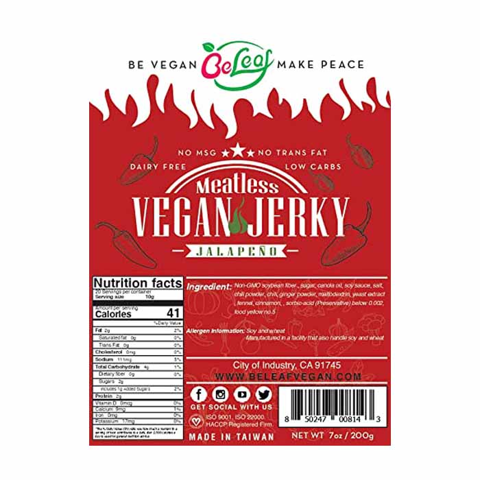 BeLeaf - Meatless Vegan Jerky - Jalapeno, 7oz - back