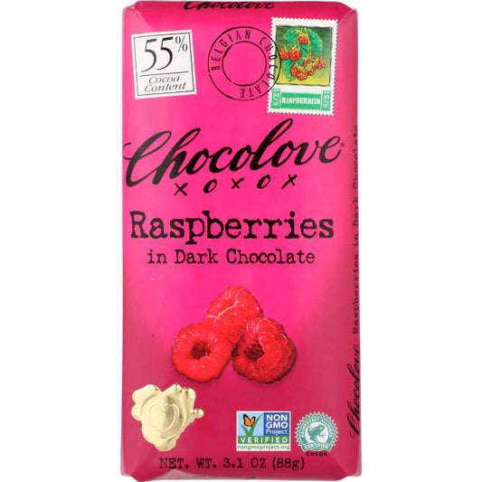 CHOCOLOVE - Dark Chocolate Bar with Raspberry 3.2OZ ( Pack of 12)