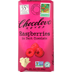 CHOCOLOVE - Dark Chocolate Bar with Raspberry 3.2OZ ( Pack of 12)