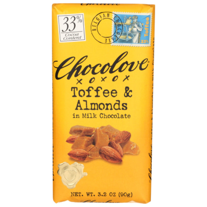 CHOCOLOVE CHOC BAR MLK CHOC TOFFEE ALMND 3.2 OZ - Pack of 12