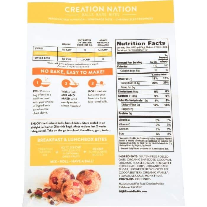 Creation Nation - Energy Bite Mix - Oat Yes! Chocolate Chip, 10.4oz back