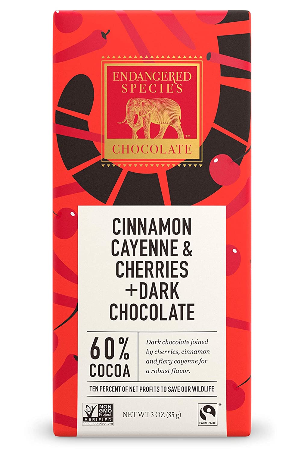 Endangered Species Natural Dark Chocolate Bar with Cinnamon Cayenne and Cherries, 3 Ounce
 | Pack of 12 - PlantX US