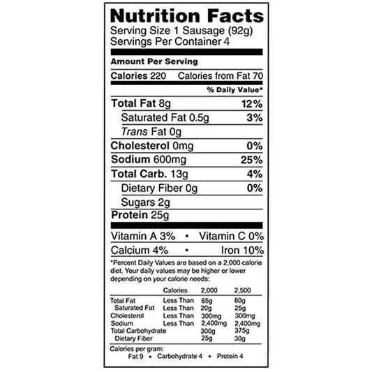 638031612154 - field roast italian garlic fennel sausage nutrition