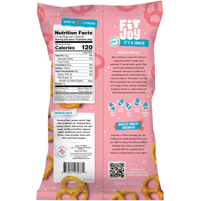 FitJoy - Grain Free Pretzels Vegan white Cheddar, 4.5oz  - Back