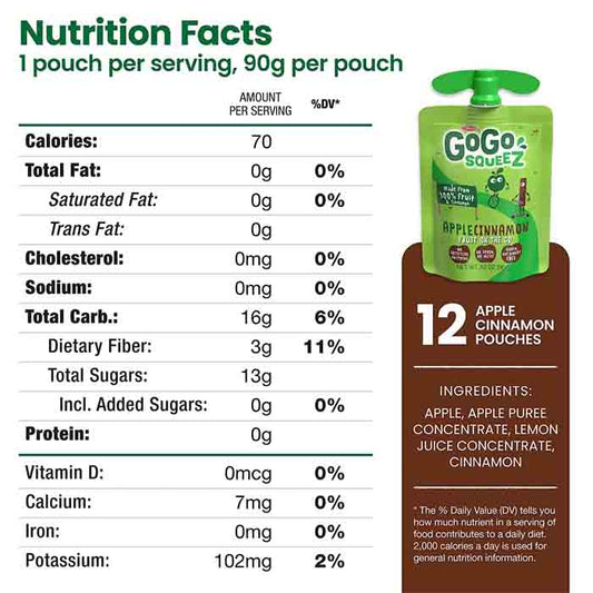 Gogo SqueeZ - Apple Cinnamon Pouches 100% Organic, 3.2oz - Back