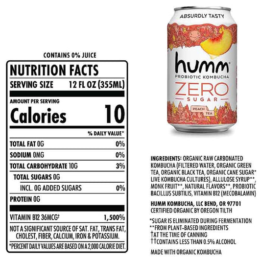 Humm - Kombucha Peach Tea Zero, 12fo  Pack of 6 - back