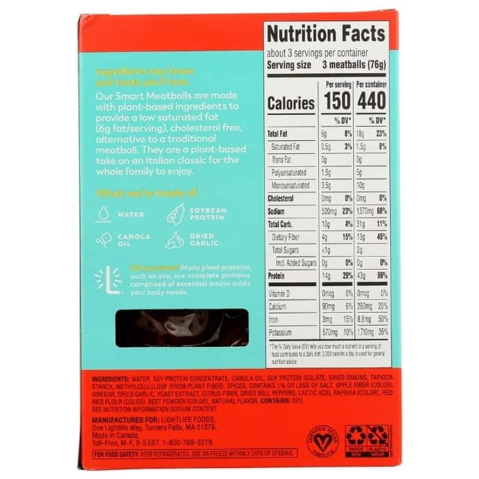 LightLife - Smart Meatballs, 8oz nutrition facts