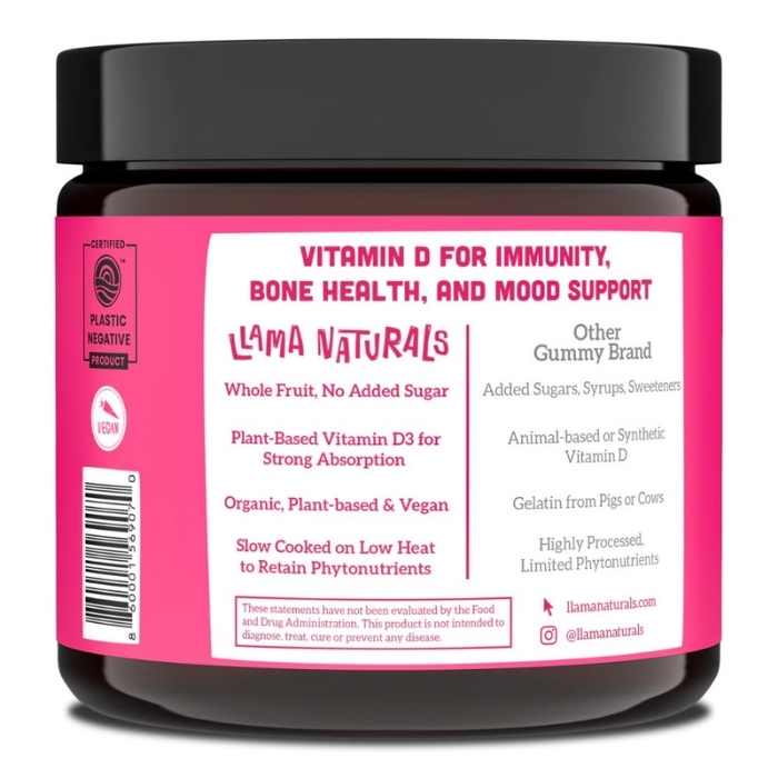 Llama Naturals - Plant-Based Organic Vitamin D3 Gummies, 60ct back2