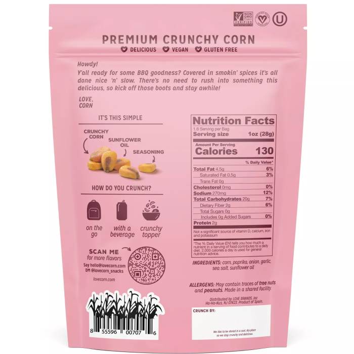 Love Corn - Premium Crunchy Corn BBQ, 4oz - Back