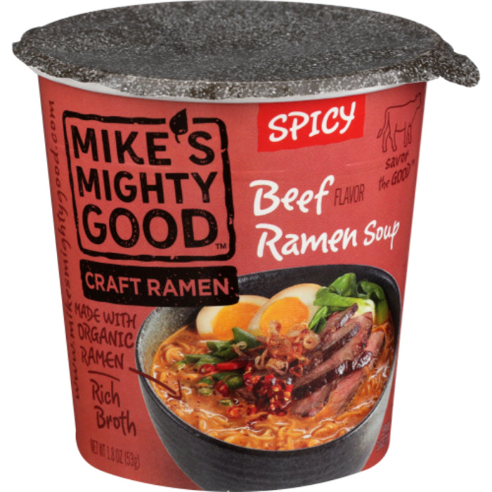 MIKES MIGHTY GOOD - BEEF SPICY RAMEN SOUP CUP, 1.8 OZ | Pack of 6