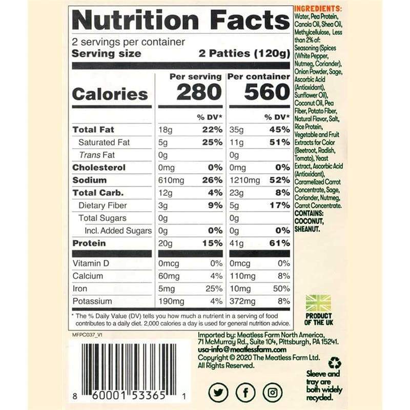 860001533651 - meatless farm sausage patties 4ct nutrition