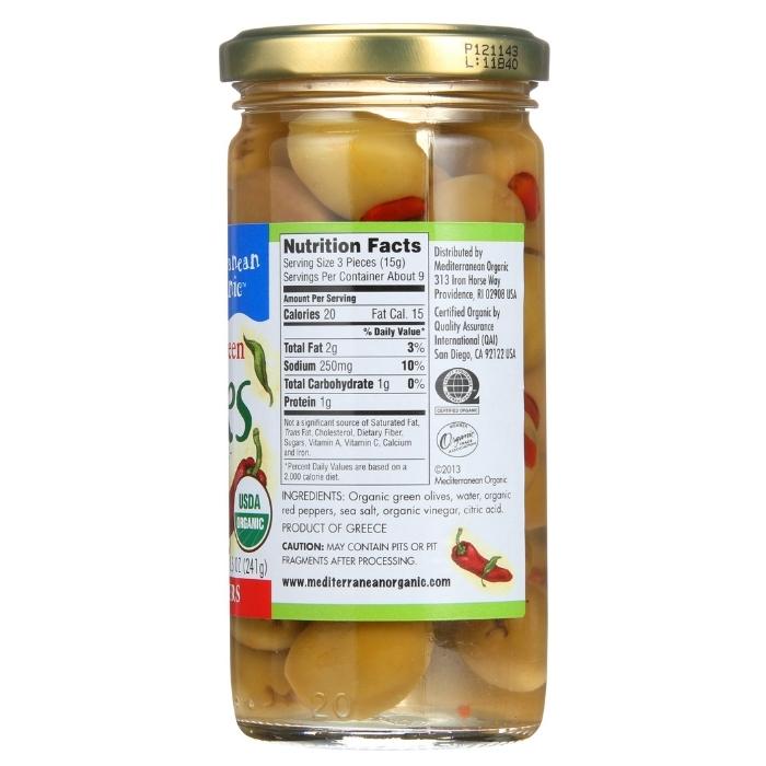 Mediterranean Organic - Red Pepper Stuffed Green Olives, 8.5oz - back