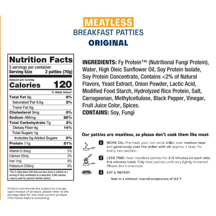 Nature's Fynd - Meatless Breakfast Patties Original, 7.4oz - back