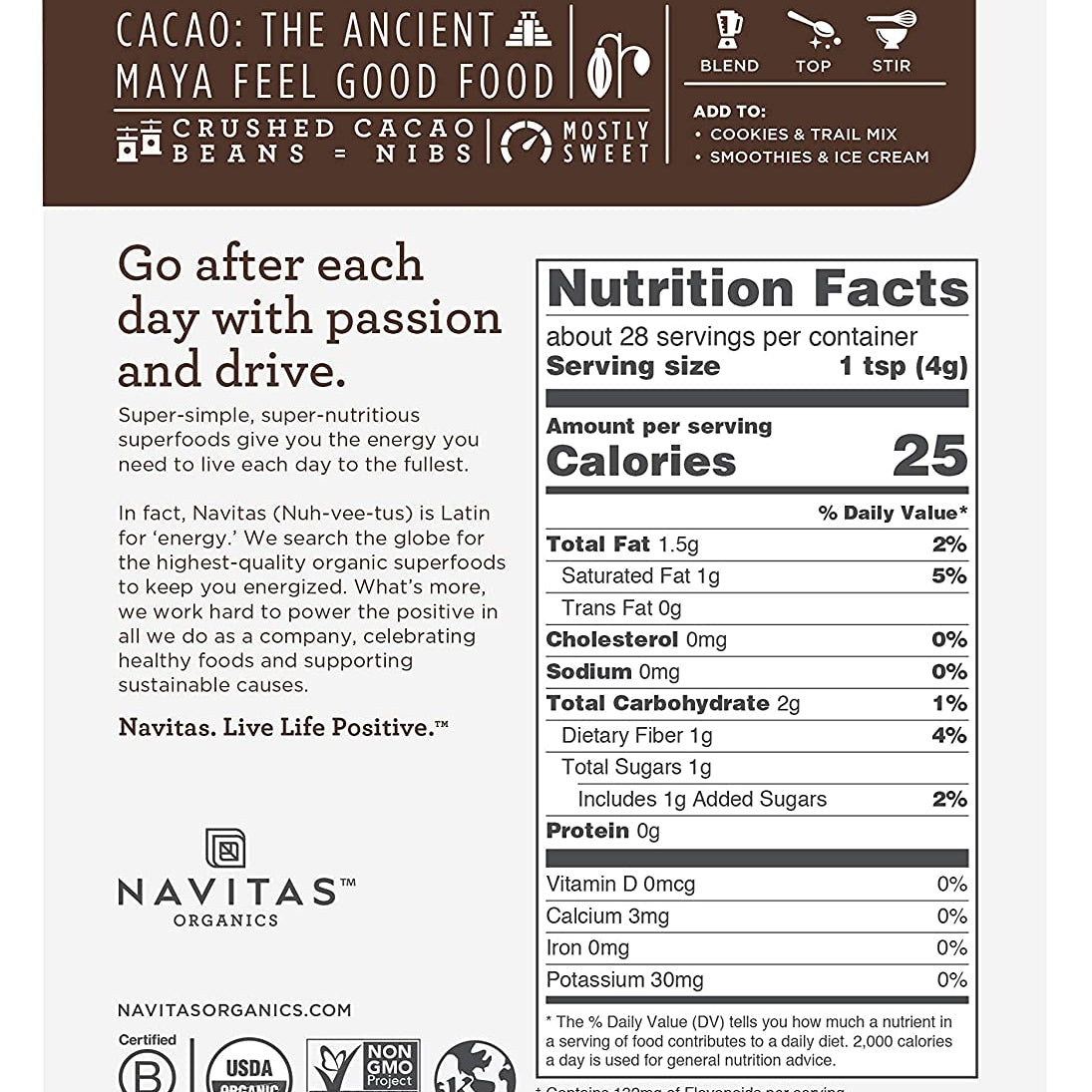 Navitas-Cacao Sweet Nibs, 4 oz