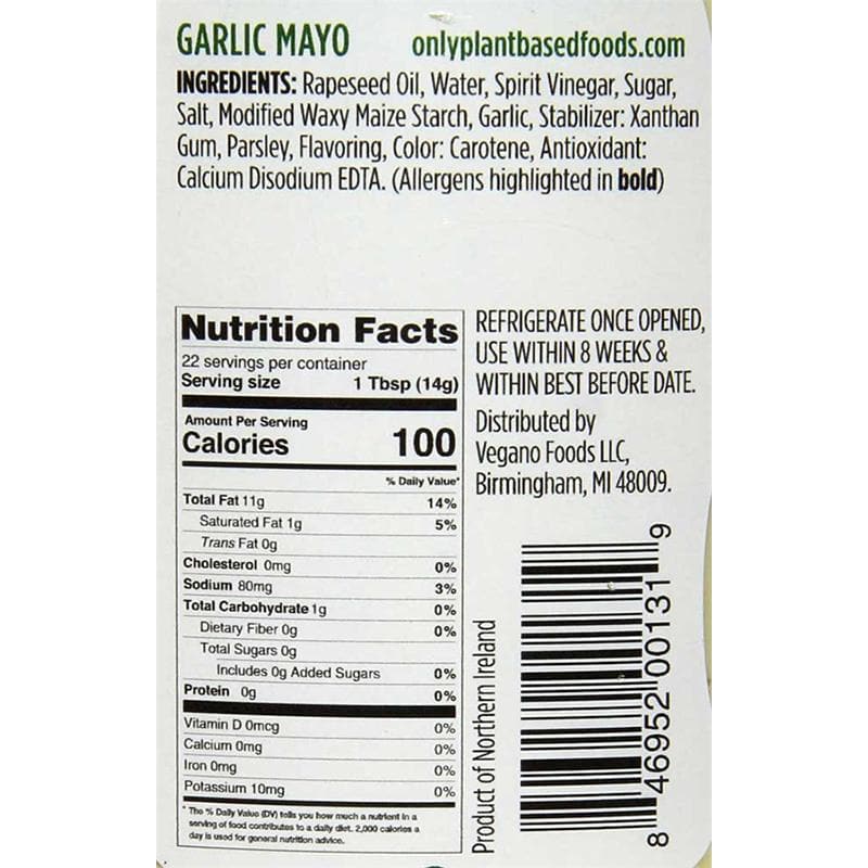 846952001302- only plant based mayo nutrition