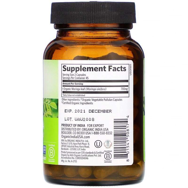 801541508174 - organic india moringa capsule back