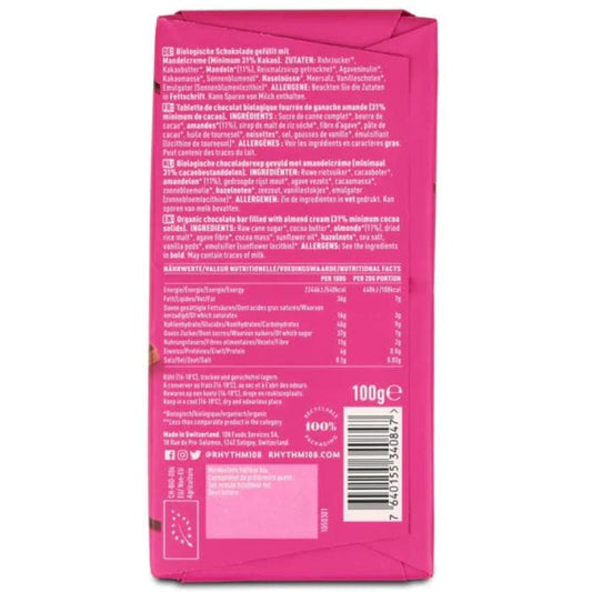 Rhythm108 - Vegan M'lk Chocolate Bar with Roasted Almond Butter, 100g - back
