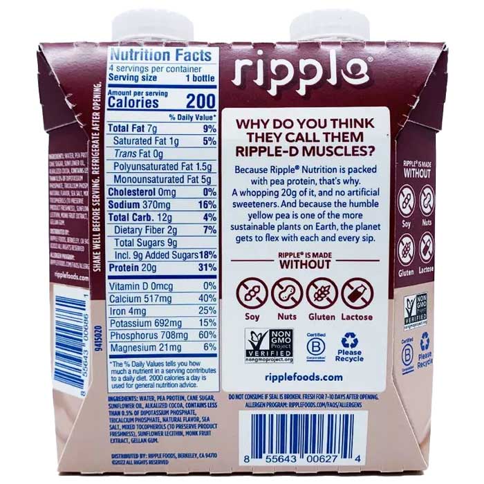 Ripple Plant Protein RTD 4-Pack Chocolate 44 fl oz - back