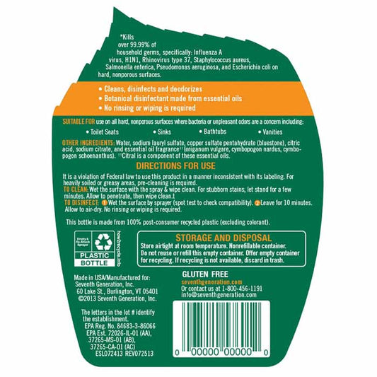 Seventh Generation - Disinfecting Bathroom Cleaner - Lemongrass Citrus, 26oz - back