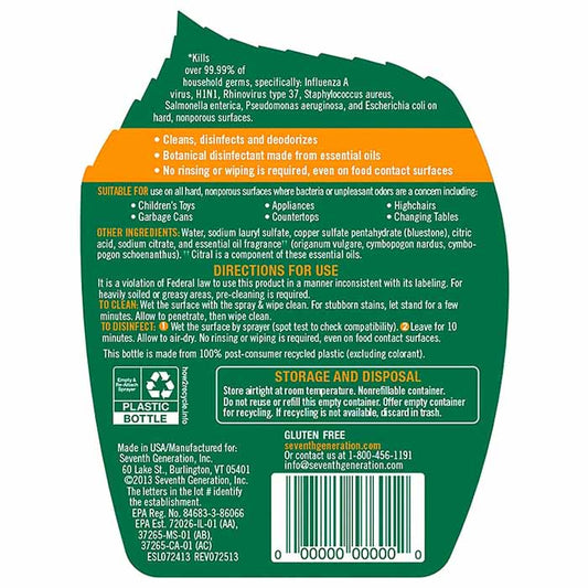 Seventh Generation - Disinfecting Multi Purpose Cleaner - Lemongrass Citrus, 26oz - back