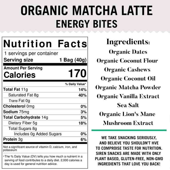 Siren - Matcha Latte Organic Energy Bites , 1.4 oz - back