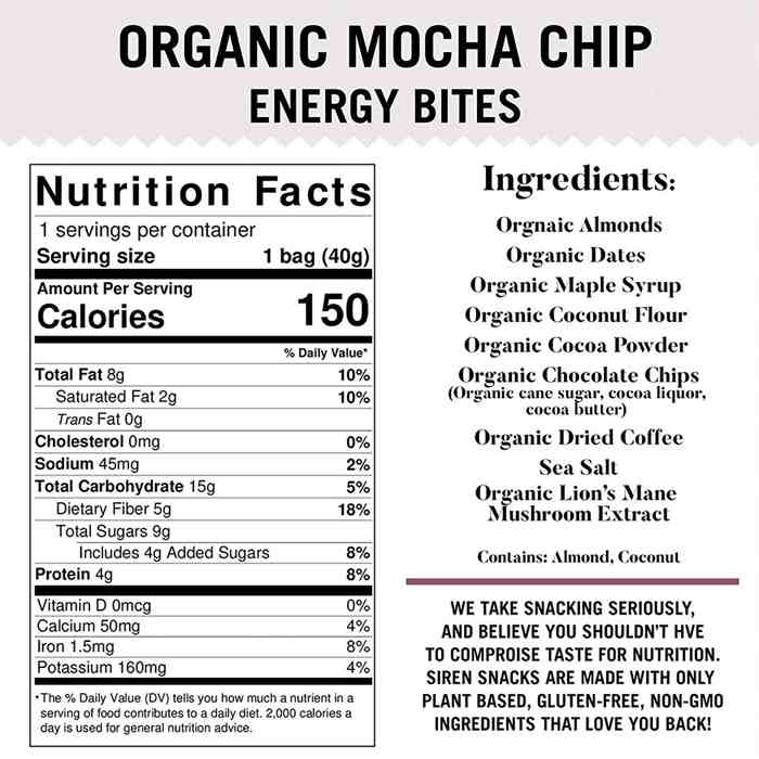 Siren - Mocha Chip Organic Energy Bites, 1.4oz - back