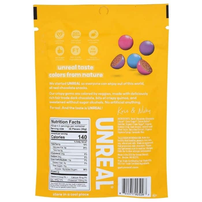 Unreal - Dark Chocolate Crispy Quinoa Gems, 5oz (back)