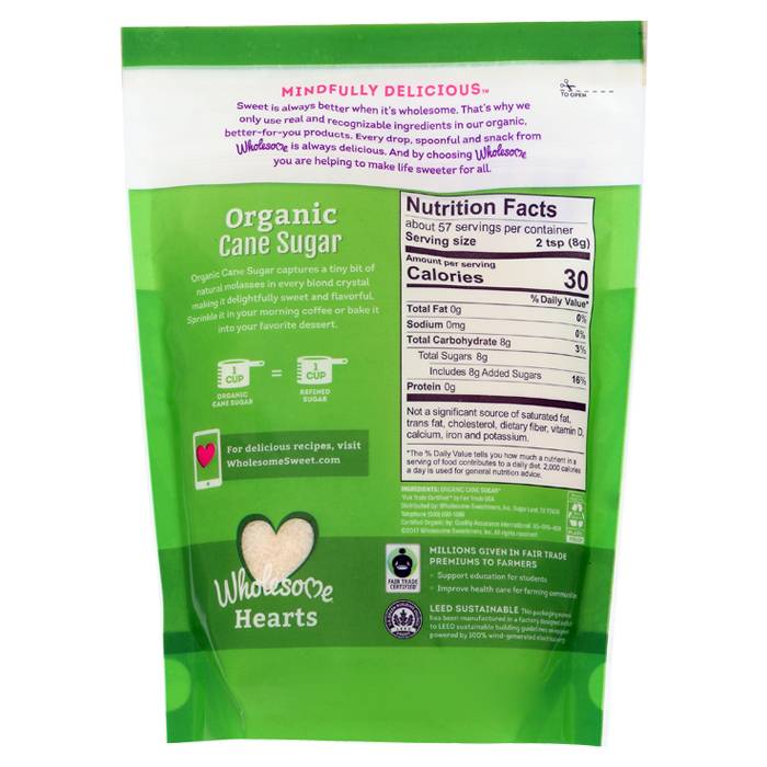 Wholesome - Organic Cane Sugar , 16oz - back