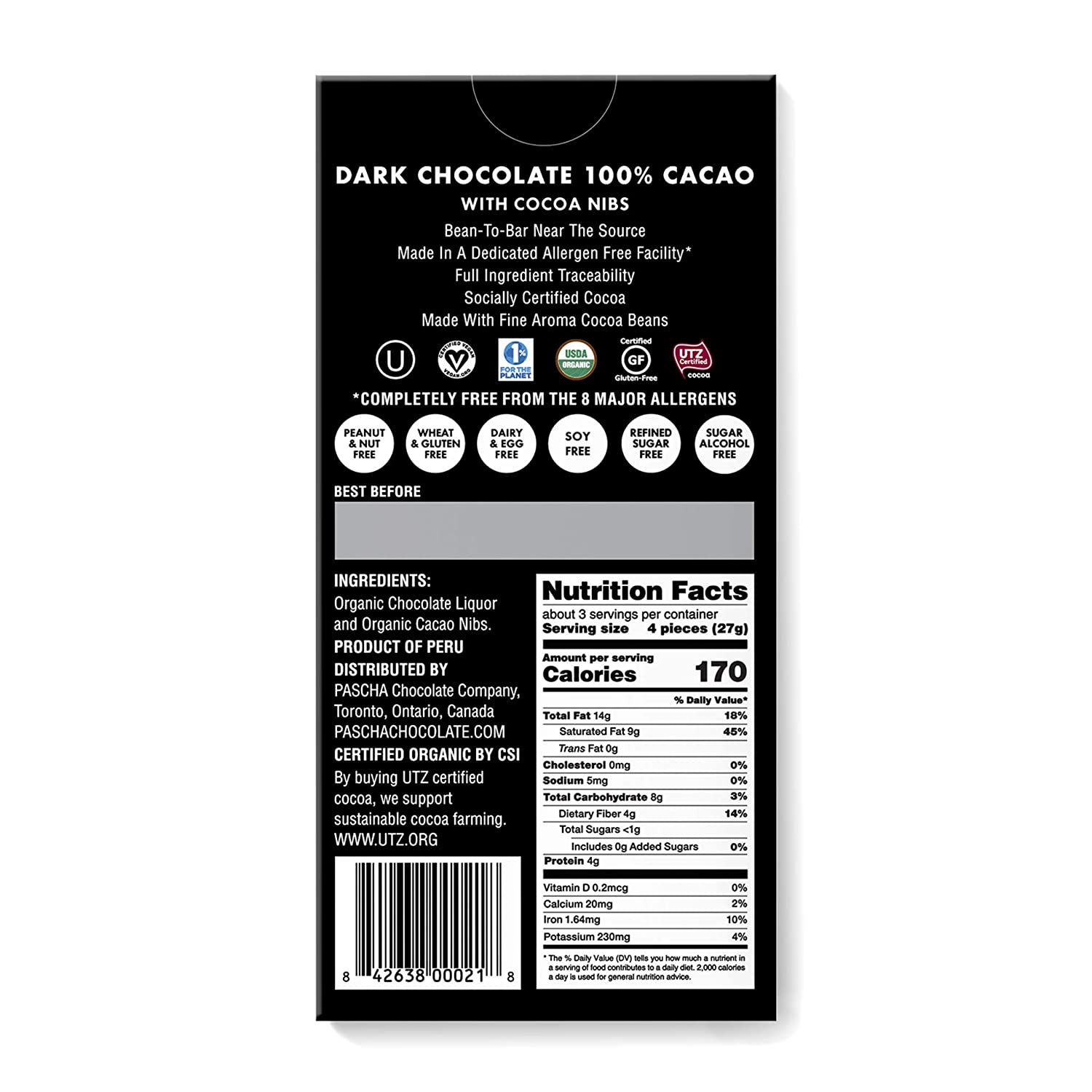 Pascha Organic Black Bar Dark Chocolate Bar 100% Cacao -- 2.82 oz
 | Pack of 10 - PlantX US