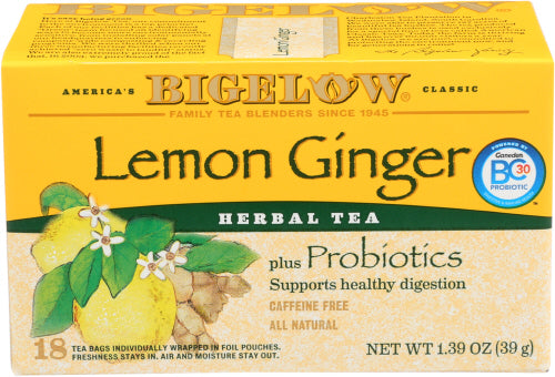 Bigelow - Lemon Ginger Plus Probiotics Herbal Tea Bags, 18ct | Pack of 6