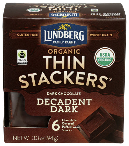 Lundberg - Chocolate Thin Stackers, Decadent Dark Chocolate, 3.3oz | Pack of 6