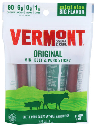 Vermont Smoke - Cure Original Mini Beef & Pork Sticks, 3 Oz | Pack of 8