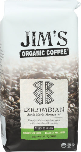 Jim's Organic Coffee - Whole Bean Medium Roast Colombian, 12 Oz | Pack of 6